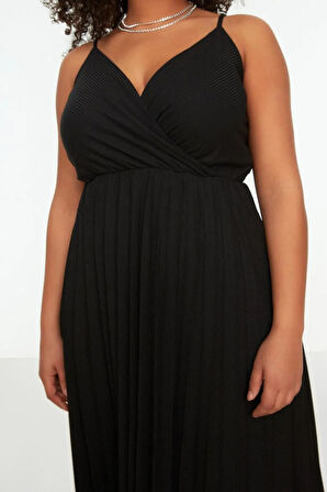 Yeni Rahat Casual Günlük Kaşkorse Örme Kruvaze Askılı Kol A-Line Midi Boy Büyük Beden Elbise