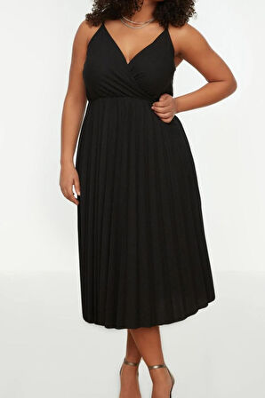 Yeni Rahat Casual Günlük Kaşkorse Örme Kruvaze Askılı Kol A-Line Midi Boy Büyük Beden Elbise