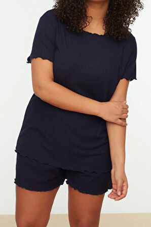 Büyük Beden Kadın Polyester Karışımlı Bisiklet Yaka Kısa Kol Örme Pijama Takımı