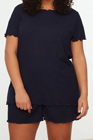 Büyük Beden Kadın Polyester Karışımlı Bisiklet Yaka Kısa Kol Örme Pijama Takımı