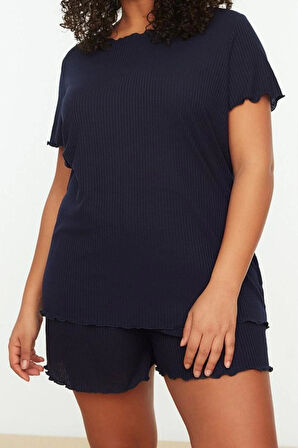 Büyük Beden Kadın Polyester Karışımlı Bisiklet Yaka Kısa Kol Örme Pijama Takımı