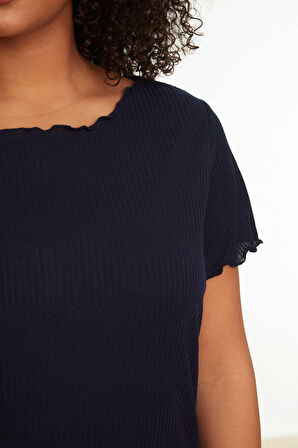 Büyük Beden Kadın Polyester Karışımlı Bisiklet Yaka Kısa Kol Örme Pijama Takımı