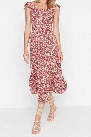 Yeni Regular Casual Günlük Shally Dokuma Kare Yaka Kolsuz Kol A-Line Midi Boy Elbise