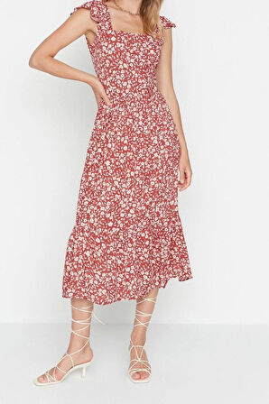 Yeni Regular Casual Günlük Shally Dokuma Kare Yaka Kolsuz Kol A-Line Midi Boy Elbise