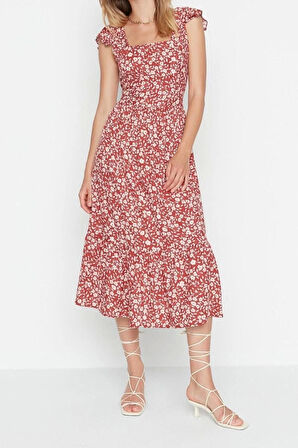 Yeni Regular Casual Günlük Shally Dokuma Kare Yaka Kolsuz Kol A-Line Midi Boy Elbise