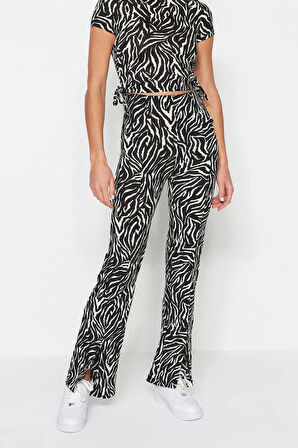 Kadın İspanyol Paça Uzun Boy Örme Siyah Zebra Desenli Yırtmaçlı Yüksek Bel Straigth Örme Pantolon