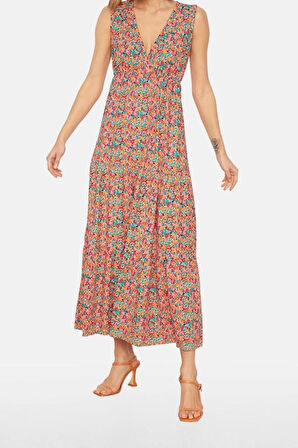 Yeni Regular Casual Günlük Polyester Kaşkorse Örme V Yaka Kolsuz Kol A-Line Maxi Boy Elbise