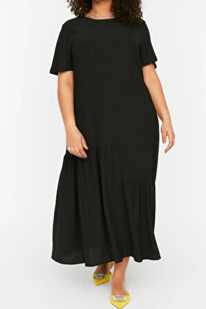 Yeni Oversize Casual Günlük Aerobin Dokuma Bisiklet Yaka Kısa Kol A-Line Maxi Boy Büyük Beden Elbise