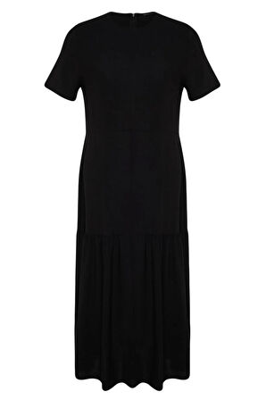 Yeni Oversize Casual Günlük Aerobin Dokuma Bisiklet Yaka Kısa Kol A-Line Maxi Boy Büyük Beden Elbise