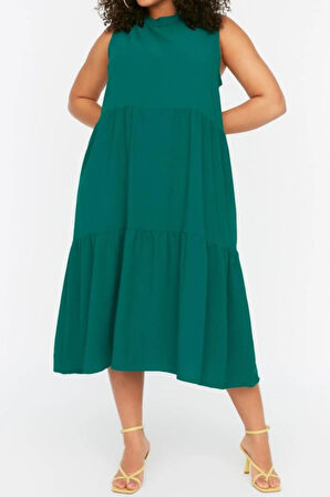 Yeni Rahat Casual Günlük Aerobin Dokuma Bisiklet Yaka Kolsuz Kol Smock Maxi Boy Büyük Beden Elbise