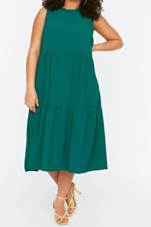 Yeni Rahat Casual Günlük Aerobin Dokuma Bisiklet Yaka Kolsuz Kol Smock Maxi Boy Büyük Beden Elbise