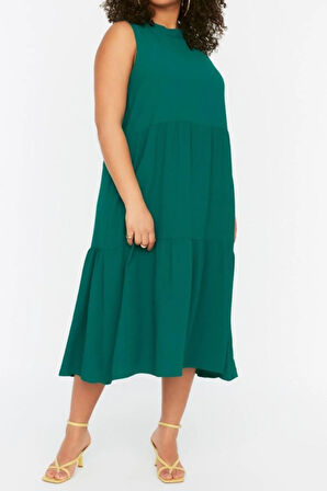 Yeni Rahat Casual Günlük Aerobin Dokuma Bisiklet Yaka Kolsuz Kol Smock Maxi Boy Büyük Beden Elbise