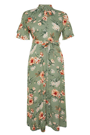 Yeni Rahat Casual Günlük Shally Dokuma Gömlek Yaka Kısa Kol A-Line Maxi Boy Büyük Beden Elbise