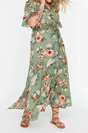 Yeni Rahat Casual Günlük Shally Dokuma Gömlek Yaka Kısa Kol A-Line Maxi Boy Büyük Beden Elbise