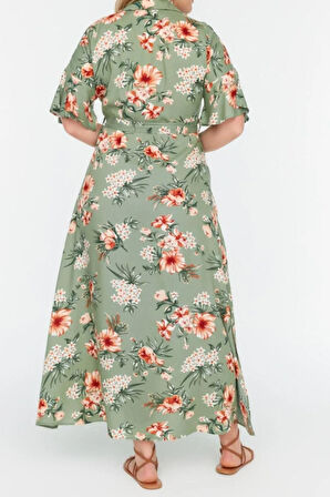 Yeni Rahat Casual Günlük Shally Dokuma Gömlek Yaka Kısa Kol A-Line Maxi Boy Büyük Beden Elbise