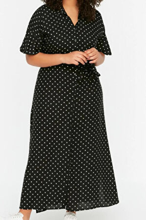 Yeni Rahat Casual Günlük Shally Dokuma Gömlek Yaka Kısa Kol A-Line Maxi Boy Büyük Beden Elbise