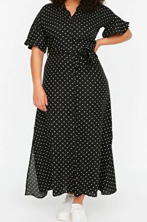 Yeni Rahat Casual Günlük Shally Dokuma Gömlek Yaka Kısa Kol A-Line Maxi Boy Büyük Beden Elbise