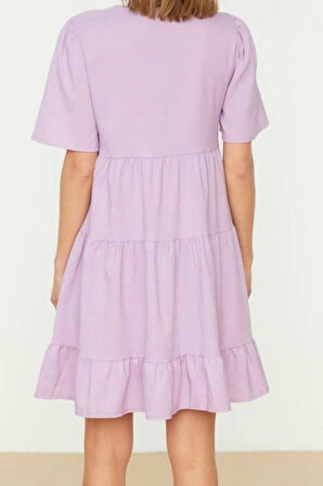 Yeni Regular Casual Günlük Aerobin Dokuma V Yaka Kısa Kol Shift Mini Boy Elbise