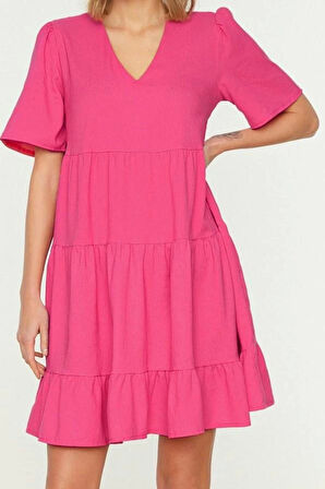 Kadın Moda Şık Mini Boy V Yaka Regular Geniş Kesim Dokuma Elbise