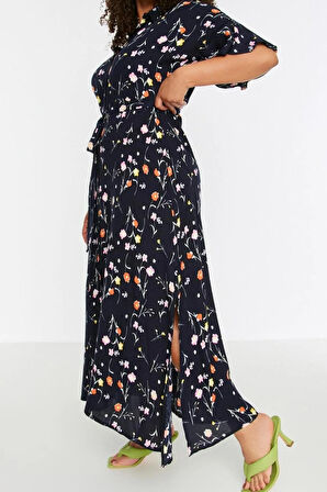 Yeni Rahat Casual Günlük Viskon Dokuma Gömlek Yaka Kısa Kol A-Line Maxi Boy Büyük Beden Elbise