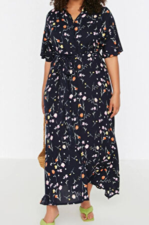 Yeni Rahat Casual Günlük Viskon Dokuma Gömlek Yaka Kısa Kol A-Line Maxi Boy Büyük Beden Elbise