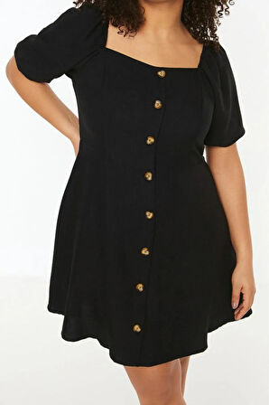 Yeni Fit Casual Günlük Shally Dokuma Kare Yaka Kısa Kol A-Line Mini Boy Büyük Beden Elbise