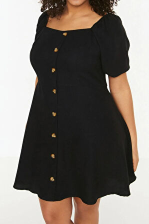 Yeni Fit Casual Günlük Shally Dokuma Kare Yaka Kısa Kol A-Line Mini Boy Büyük Beden Elbise