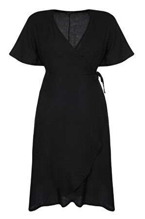 Yeni Rahat Casual Günlük Shally Dokuma Kruvaze Kısa Kol Anvelop Midi Boy Büyük Beden Elbise