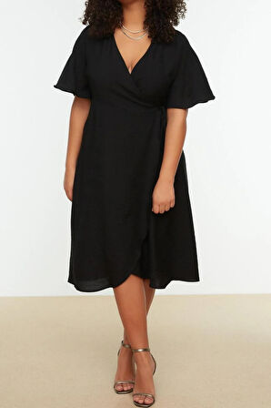 Yeni Rahat Casual Günlük Shally Dokuma Kruvaze Kısa Kol Anvelop Midi Boy Büyük Beden Elbise