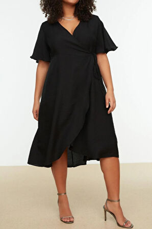 Yeni Rahat Casual Günlük Shally Dokuma Kruvaze Kısa Kol Anvelop Midi Boy Büyük Beden Elbise