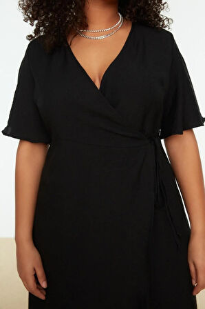 Yeni Rahat Casual Günlük Shally Dokuma Kruvaze Kısa Kol Anvelop Midi Boy Büyük Beden Elbise