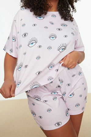 Büyük Beden Kadın Polyester - Elastan Bisiklet Yaka Kısa Kol Desenli Örme Pijama Takımı