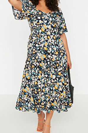 Yeni Rahat Casual Günlük Shally Dokuma V Yaka Kısa Kol A-Line Maxi Boy Büyük Beden Elbise