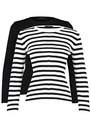 Kadın Moda Şık Regular Bisiklet Yaka Uzun Kol Düz İkili Paket Triko Kazak