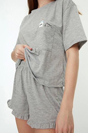Kadın Pamuklu Bisiklet Yaka Kısa Kol Pamuklu Baskılı T-shirt-Şort Örme Pijama Takımı