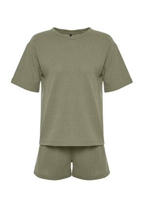 Kadın Pamuklu Bisiklet Yaka Kısa Kol Pamuklu Waffle Kumaş Örme Pijama Takımı