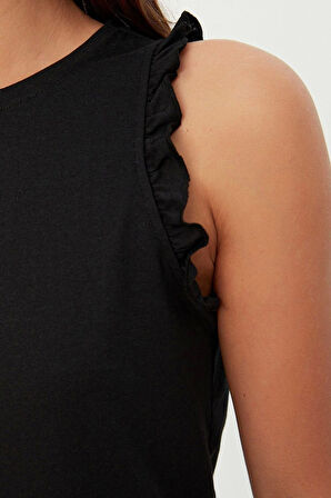 Kadın %100 Pamuk Bisiklet Yaka Kolsuz Kol %100 Pamuk Fırfır Detaylı Örme Pijama Takımı