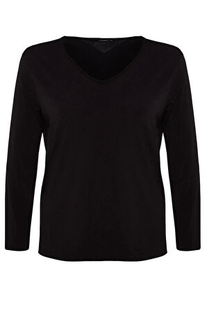 Kadın Moda Şık Büyük Beden Uzun V Yaka Regular Kalıp Örme Boyfriend Yırtmaçlı Bluz