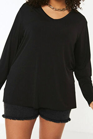 Kadın Moda Şık Büyük Beden Uzun V Yaka Regular Kalıp Örme Boyfriend Yırtmaçlı Bluz