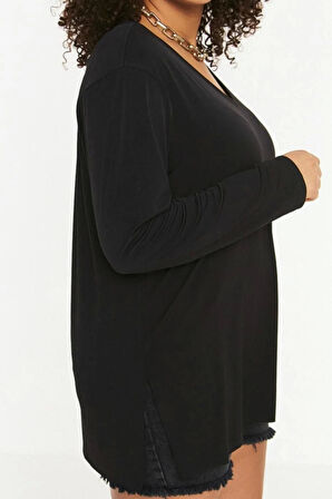 Kadın Moda Şık Büyük Beden Uzun V Yaka Regular Kalıp Örme Boyfriend Yırtmaçlı Bluz