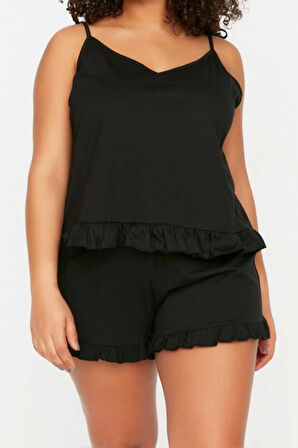 Büyük Beden Kadın Pamuklu V Yaka Askılı Kol Askılı Örme Fırfır Detaylı Pijama Takımı