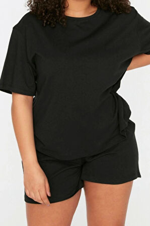 Büyük Beden Kadın Pamuklu Bisiklet Yaka Kısa Kol Bisiklet Yaka Örme Pijama Takımı