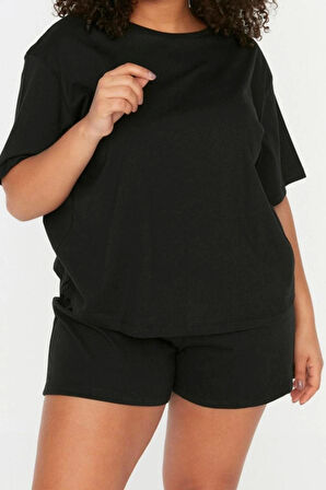 Büyük Beden Kadın Pamuklu Bisiklet Yaka Kısa Kol Bisiklet Yaka Örme Pijama Takımı