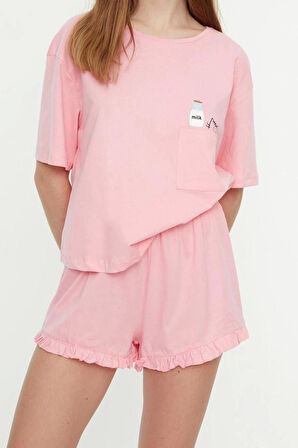 Kadın Pamuklu Bisiklet Yaka Kısa Kol Pamuklu Baskılı T-shirt-Şort Örme Pijama Takımı