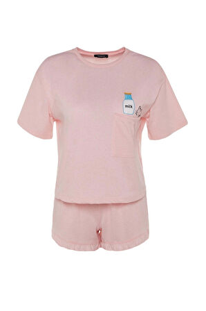 Kadın Pamuklu Bisiklet Yaka Kısa Kol Pamuklu Baskılı T-shirt-Şort Örme Pijama Takımı