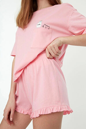 Kadın Pamuklu Bisiklet Yaka Kısa Kol Pamuklu Baskılı T-shirt-Şort Örme Pijama Takımı