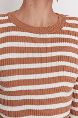 Kadın Moda Şık Regular Bisiklet Yaka Uzun Kol Çizgili Basic Triko Kazak