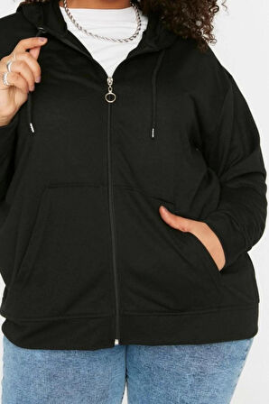 Kadın Büyük Beden Moda Şık Relaxed Kapüşonlu Düşük Kol Uzun Fermuarlı İnce Örme Sweatshirt