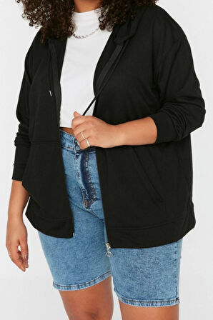 Kadın Büyük Beden Moda Şık Relaxed Kapüşonlu Düşük Kol Uzun Fermuarlı İnce Örme Sweatshirt