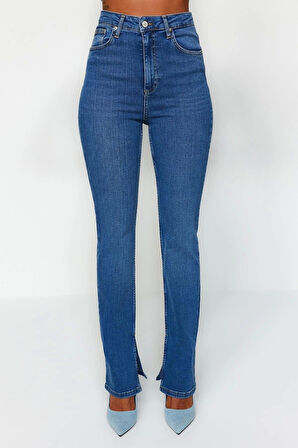 Kadın Moda Şık Kot Pantolon Boru Paça Uzun Boy Denim Yırtmaçlı Süper Yüksek Bel Slim Jeans
